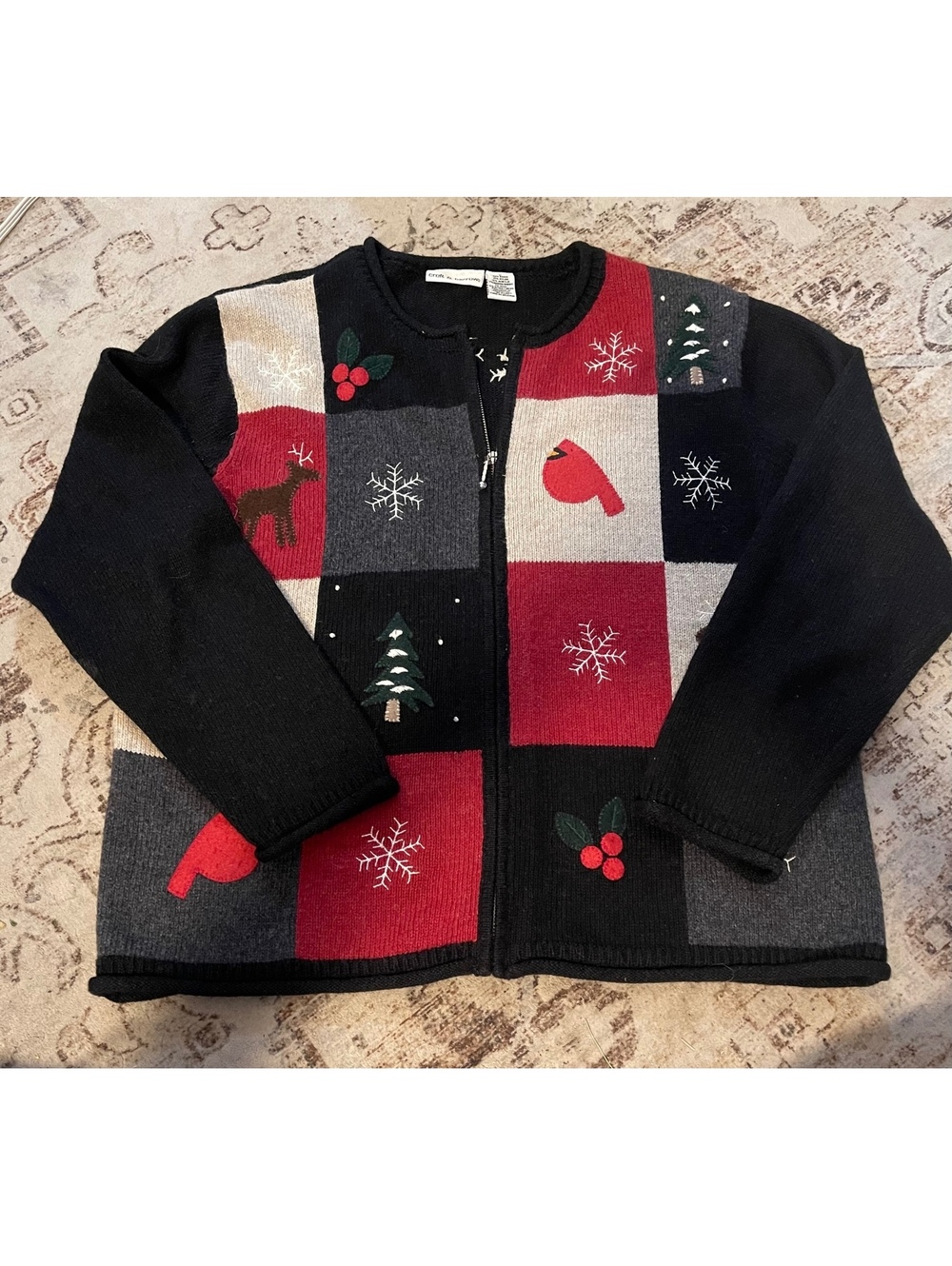 Croft & Barrow Women’s Christmas Patchwork Cardigan Zip Up Cardinal Reindeer